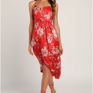 My Favorite Day Red Floral Print Tulip Skirt Midi Dress